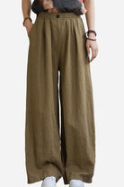 Women's olive sandwashed ramie linen wide-leg pants with elastic waistband and button closure