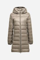 Women's lightweight water-resistant hooded puffer coat in taupe with full front zipper and quilted design