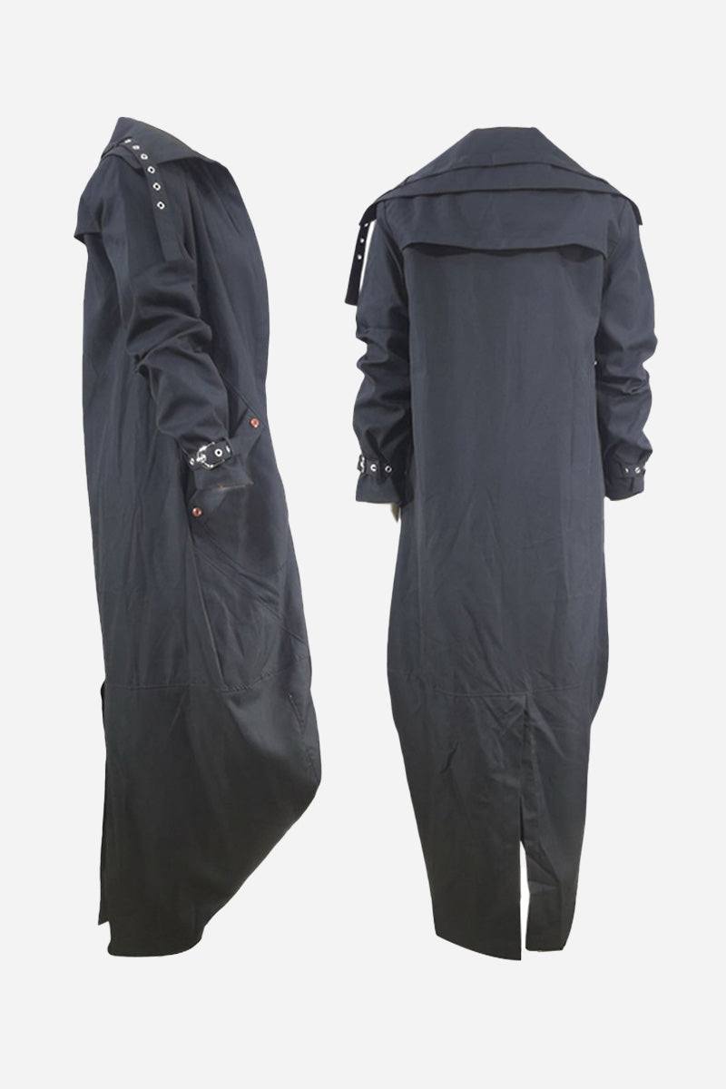 Black minimalist hooded coat with oversized fit and button details shown from side and back angles