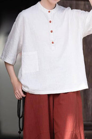 White ramie linen and cotton relaxed fit shirt with front pocket and wooden buttons
