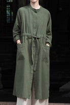 Oversized casual loose ramie linen cardigan with front buttons and pockets in olive green