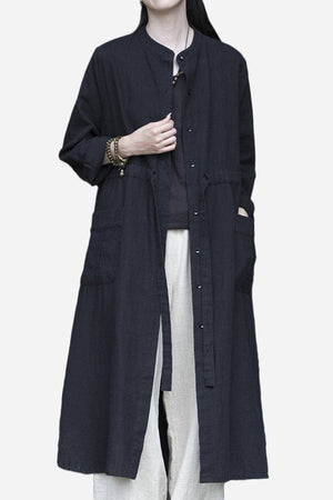 Oversized casual loose ramie linen cardigan in black with front pockets and button closure