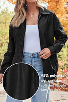 Oversized faux leather motorcycle jacket in black, soft and supple with 95% polyester and 5% spandex, styled with casual outfit outdoors
