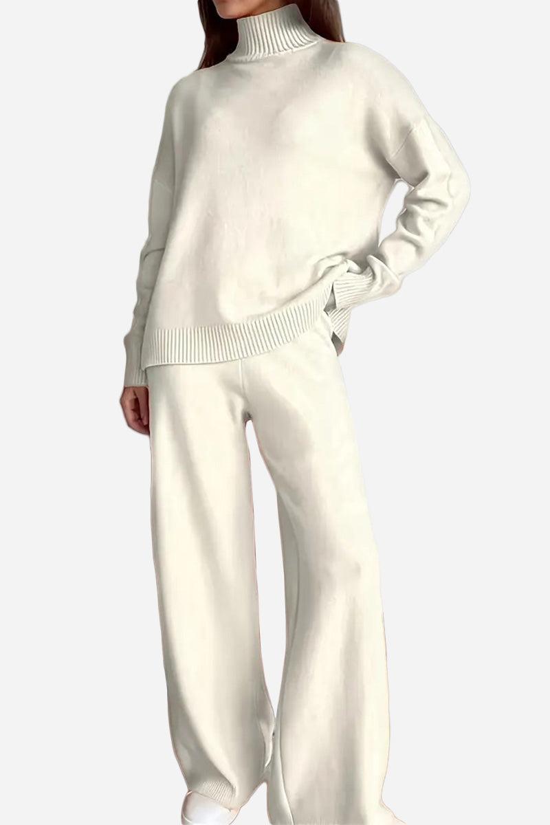 White knitted turtleneck sweater and wide-leg pants two-piece set for women