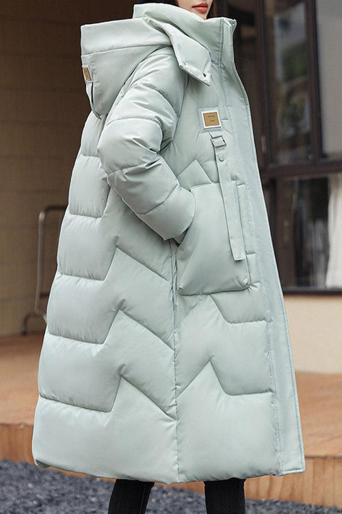 Lightweight insulated FrostLine Long Coat in light gray with hood and side pockets for winter travel and cold weather.