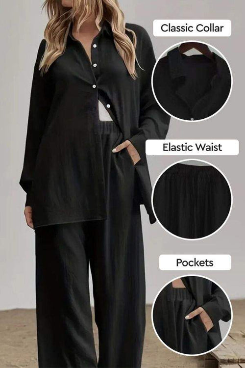 Black cotton-linen two-piece set with classic collar, elastic waist pants, and pockets for casual comfort and style