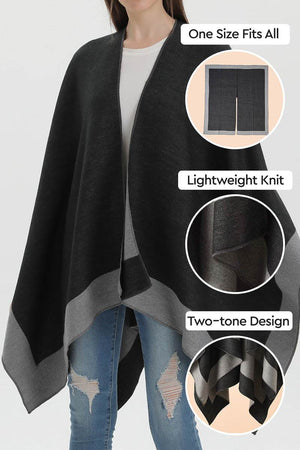Elegant knitted poncho in two-tone lightweight knit, one size fits all design, draped over casual outfit