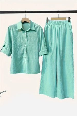 Light green cotton blend two-piece set with long-sleeve button-up shirt and wide-leg pants