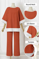 Dual-tone 3/4 sleeve two-piece set in vibrant orange with white trim, round neck, and pockets, made from soft cotton blend fabric.