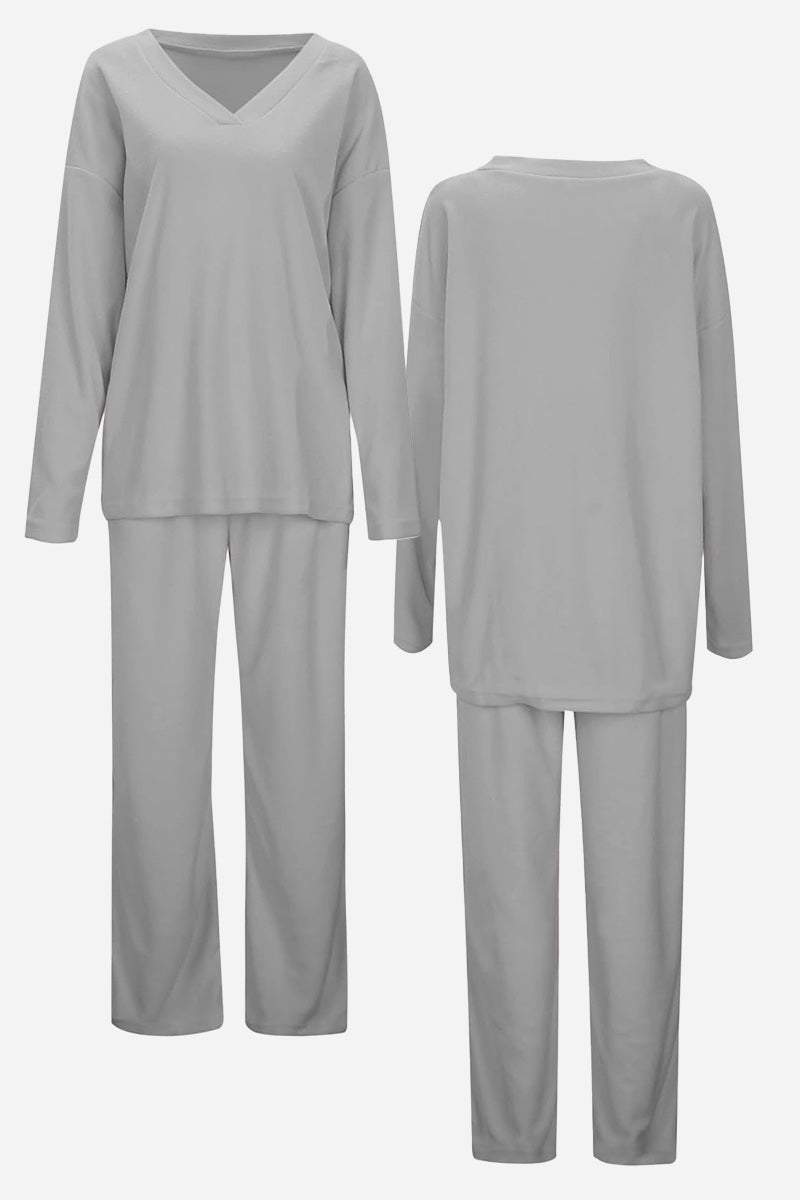 Travel-Ease Two-Piece Set in soft gray, breathable, stretchy fabric for comfortable travel and lounging, shown front and back.