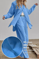 Lightweight breathable blue linen blend two-piece set with loose fit shirt and matching pants for travel and casual wear