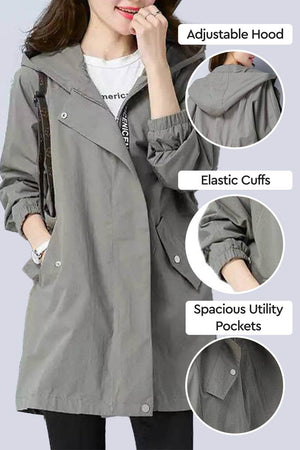 Gray fashion hooded trench coat with adjustable hood, elastic cuffs, and spacious utility pockets for casual travel wear