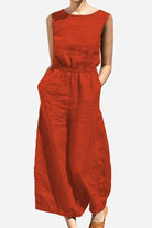 Red sleeveless pure cotton wide-leg jumpsuit with elastic waist and pockets