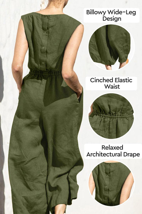 Pure Cotton minimal confidence two-piece set with billowy wide-leg, cinched elastic waist, and relaxed architectural drape in olive green
