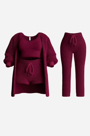 Cloud Soft 4-Piece set with burgundy knit cardigan, crop top, shorts, and pants for cozy, stylish comfort