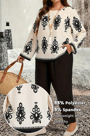 Plus Size Easy Elegance set with black and white patterned long sleeve top and black pants, made of 95% polyester and 5% spandex, lightweight and stretchy fabric.