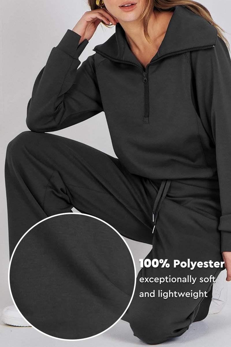 Black loungewear buttersoft tracksuit set with oversized fit and zip-up top made from soft, lightweight polyester