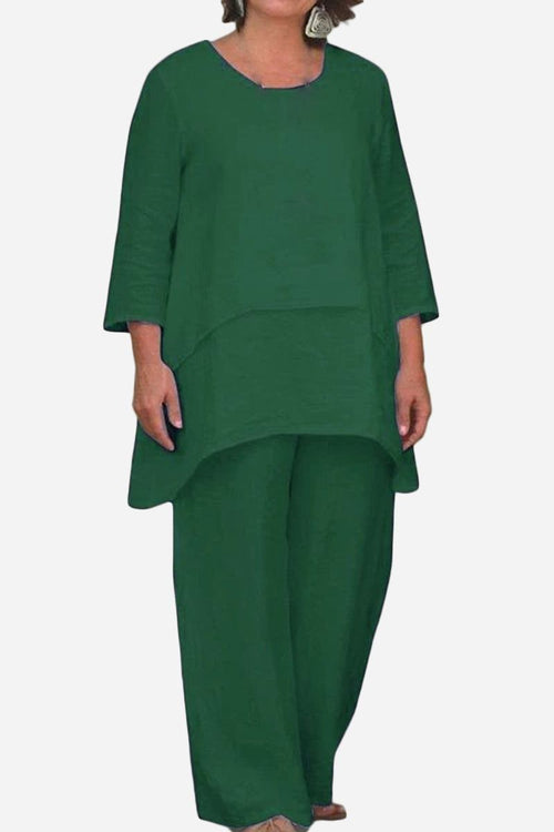 Loose Drape Two-Piece Set in green with oversized, asymmetrical top and relaxed pants.