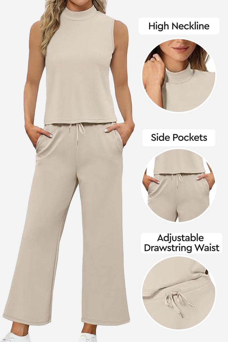 Cotton Chic Sleeveless two-piece set with high neckline, side pockets, and adjustable drawstring waist in beige poly-cotton fabric