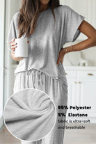 Woman wearing gray ultra-soft two-piece loungewear set made of 95% polyester and 5% elastane, holding a white mug in a bright kitchen, inset showing fabric close-up.