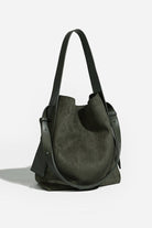 Vintage Charm Bag in dark suede with dual-length straps for versatile carrying and spacious, stylish design