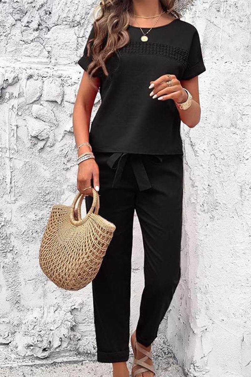 black 100 cotton total comfort two-piece travel set with short sleeves and drawstring pants for women