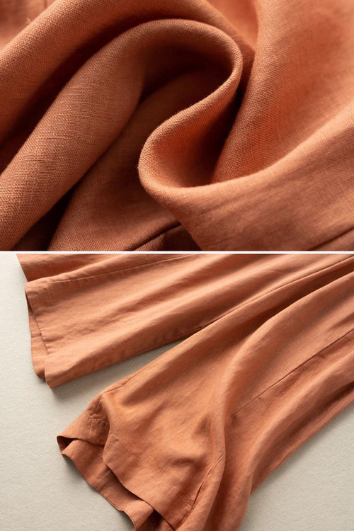 Close-up of soft terracotta cotton linen fabric and detailed sleeve hem of Cotton Linen Tuscany Rise 2 Piece Set
