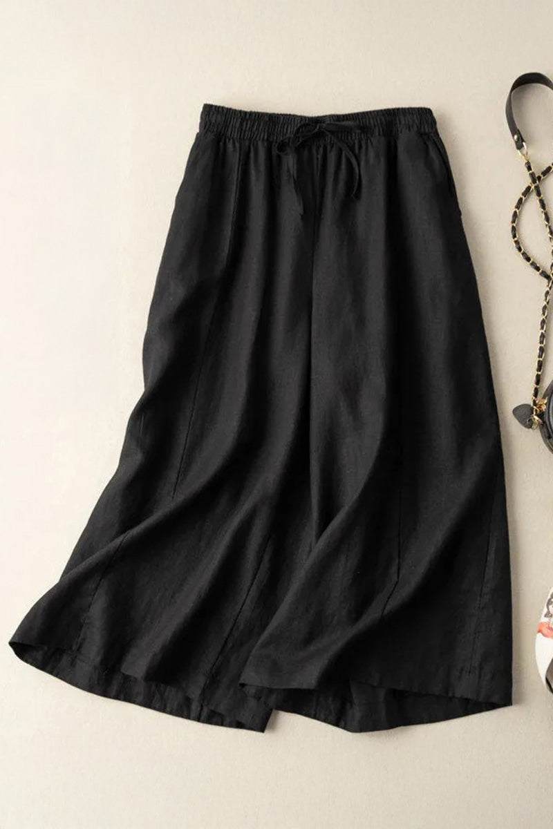 Black wide-leg cotton linen Tuscany blend pants with elastic waistband and drawstring detail