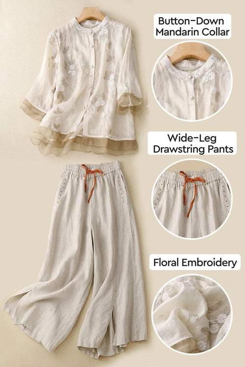 Cotton Linen Tuscany two-piece set with button-down mandarin collar top and wide-leg drawstring pants featuring floral embroidery