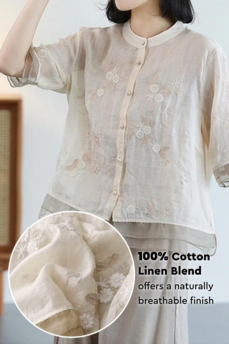 breathable cotton linen tuscany embroidered sheer top with layered cuffs and hem in natural color