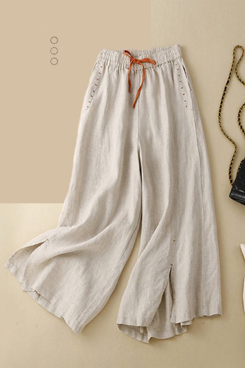 Light beige wide-leg cotton linen Tuscany pants with elastic waistband and orange drawstring detail