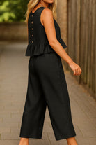 Black linen-like feel two-piece set with button-back sleeveless top and wide-leg pants for stylish comfort