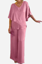 Elegant Layers Two-Piece Set women's pink layered V-neck top and wide-leg pants in lightweight fabric