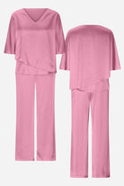 Pink Elegant Layers Two-Piece Set with V-neck layered top and comfortable straight-leg pants shown front and back