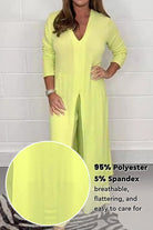 Urban Chic V-Neck split top two-piece set in soft yellow polyester-spandex blend, featuring long sleeves and a flattering silhouette.