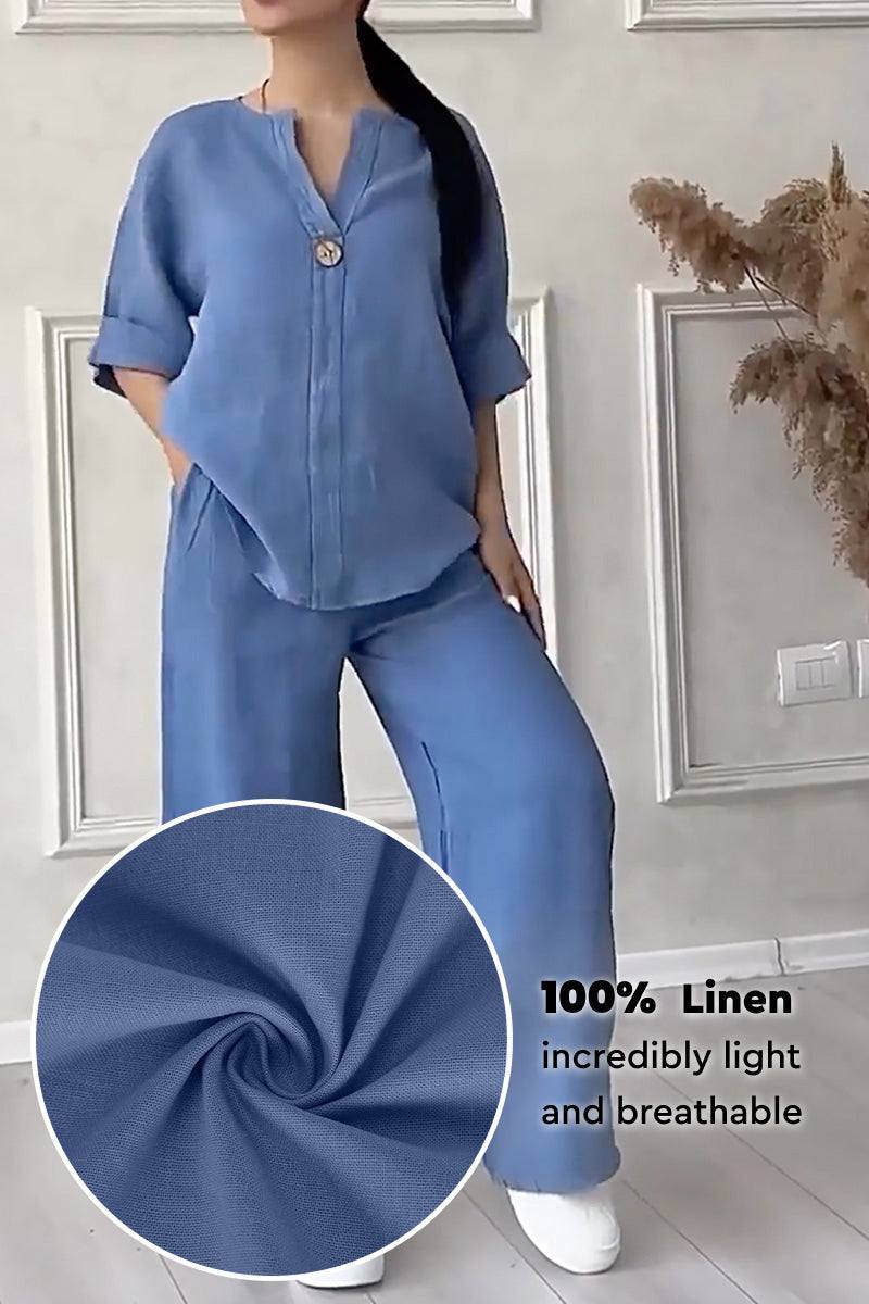 Pure linen two-piece casual comfort set in breathable light blue fabric with relaxed fit and one-button top.