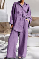 Relaxed fit purple Vacation Essentials Cotton Set with oversized button-up top and wide-leg pants.