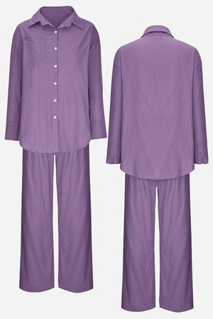 Purple Vacation Essentials Cotton Set with relaxed fit button-up shirt and wide-leg pants shown front and back