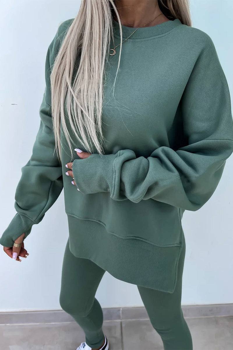 TimelessChic ultra comfortable two-piece set in soft green with relaxed top and high-waisted leggings for all-day comfort and style