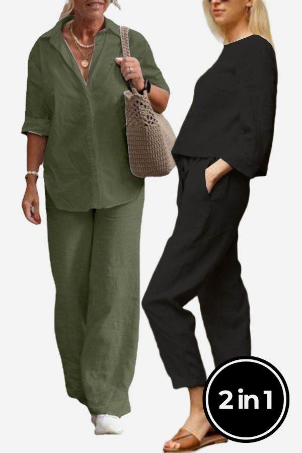 Two women wearing Casual Chic Duo breathable cotton and linen mix-and-match two-piece sets, one in olive green and one in black.