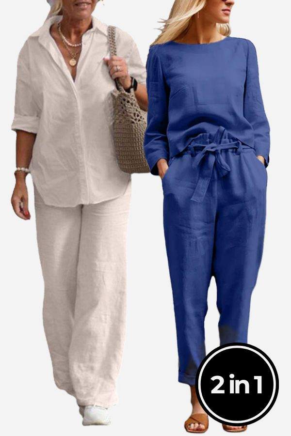 Two women wearing casual chic duo breathable cotton and linen mix and match sets, one in beige relaxed shirt and trousers, the other in blue tied waist pants and long sleeve top