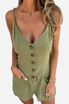 100% pure linen breathable natural comfort jumpsuit with adjustable waist tie and button-front design in olive green