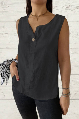 100 pure linen black sleeveless cool comfort vest with v-neck and button detail worn by woman