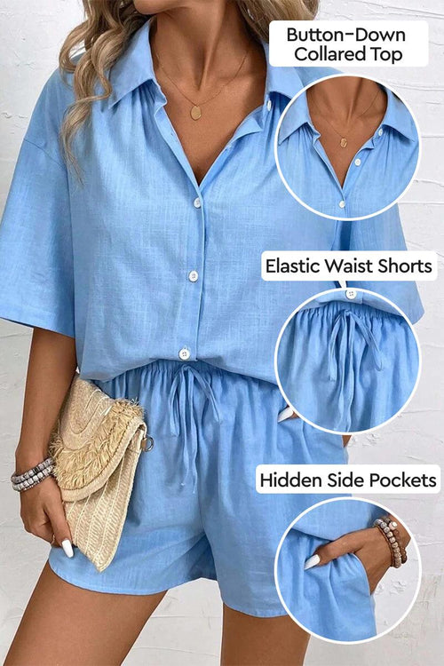 Coastal linen cotton two-piece set with button-down top and elastic waist shorts in light blue