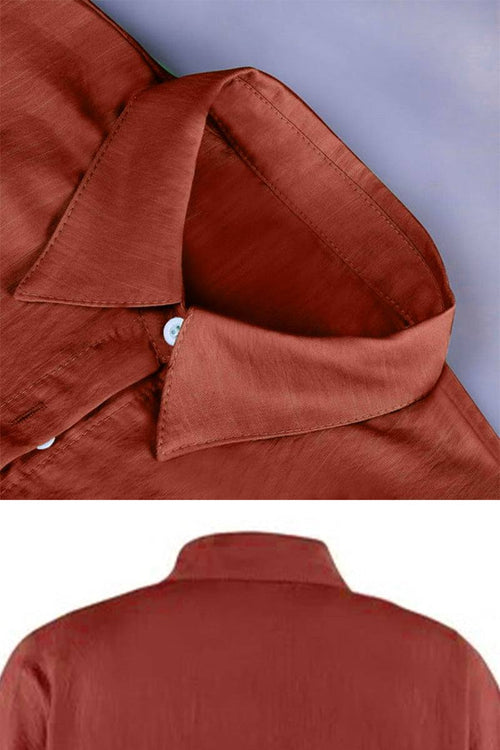 Coastal linen cotton rust-colored button-down shirt collar close-up and back view