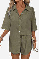 Women's Coastal Linen Cotton olive green button-up two-piece set with shorts and half sleeves