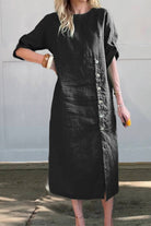 Black Pure Cotton Elegance midi dress with buttons and three-quarter sleeves for comfortable stylish wear