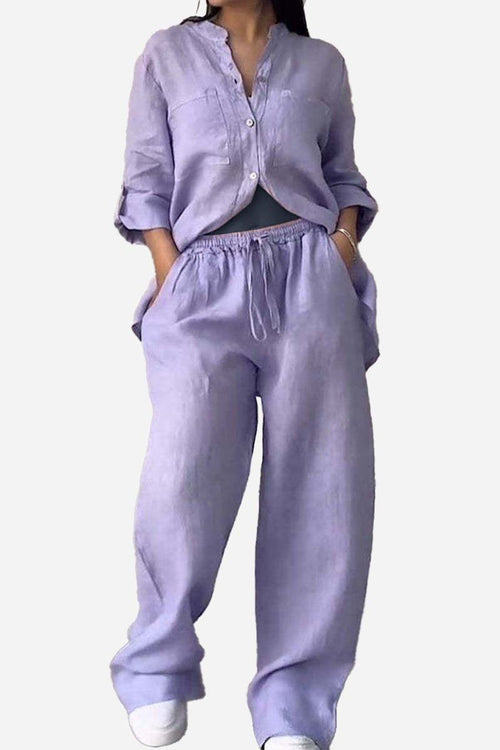 Woman wearing lavender 100% cotton double comfort two-piece set with relaxed fit and button-up top