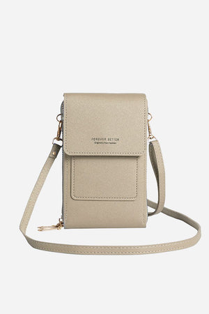 Beige premium PU leather anti-theft travel crossbody phone pouch with adjustable strap and secure design
