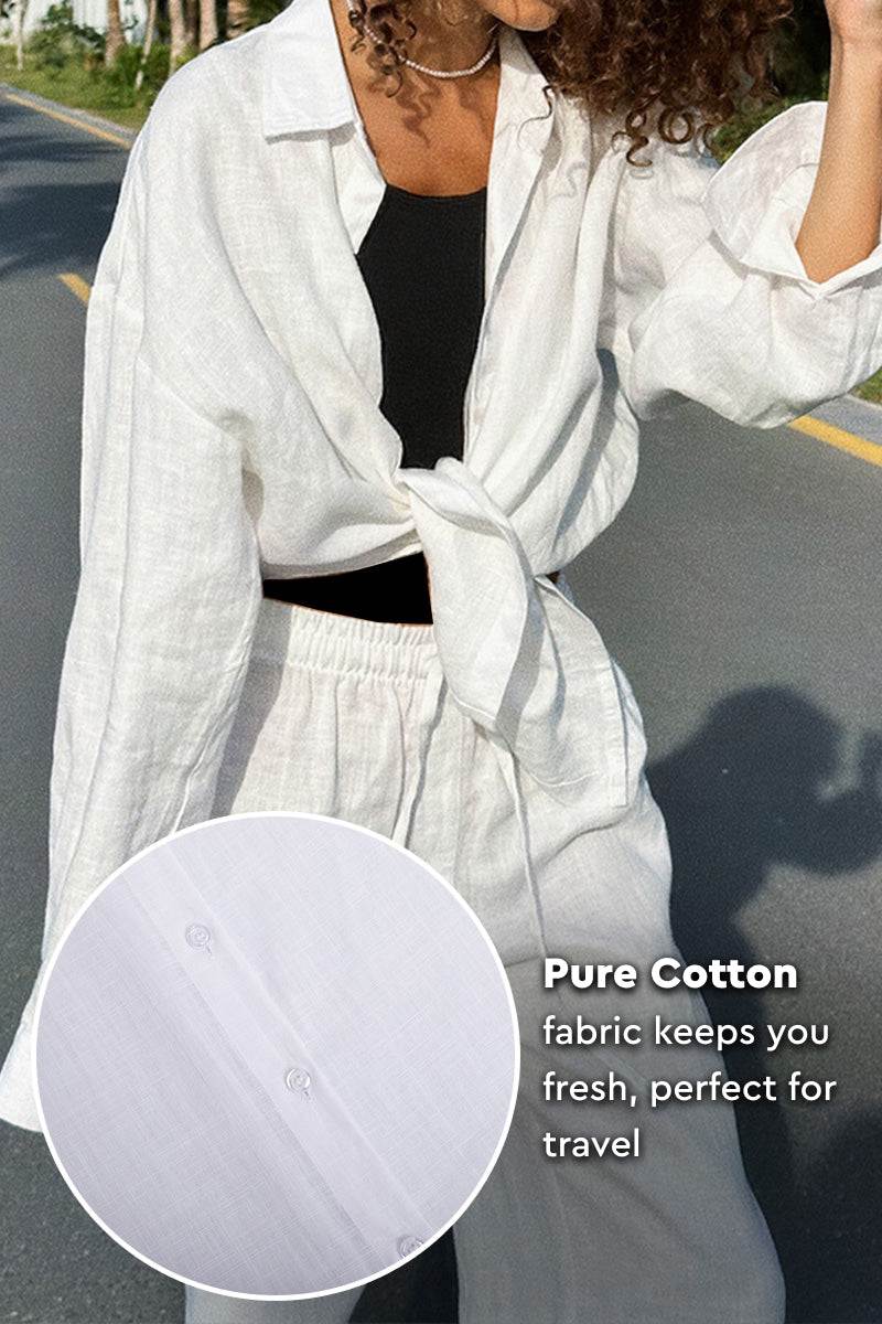 woman wearing white 100 cotton wanderlust two piece set with breathable fabric perfect for travel